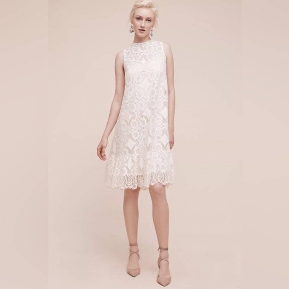 Anthropologie Floreat Manon Lace Shift Midi Dress Cream Ecru Floral Lace Size 2